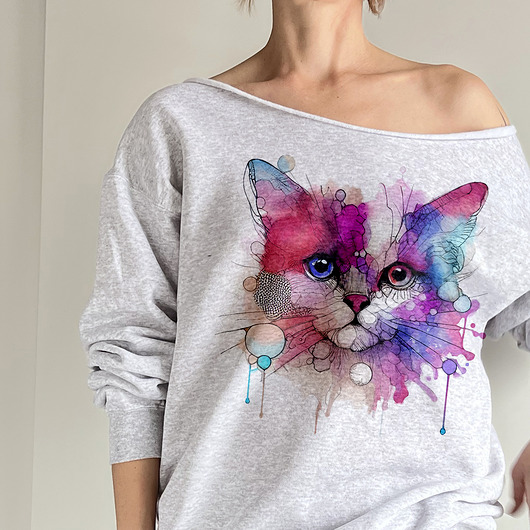 bluza bez kaptura damska Kot kreski Szara bluza cięta