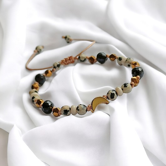 bransoletki z kamieni naturalnych PREMIUM : lunula : JASPIS dalmatyński, turmalin, KAMIEŃ RZECZNY