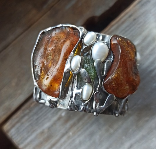 bransoletki wire wrapping Bursztyn w zaroślach -  bransoleta mankiet CUFF