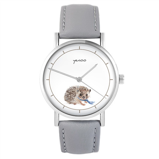 zegarki damskie Zegarek - Jeżyk - szary, skórzany