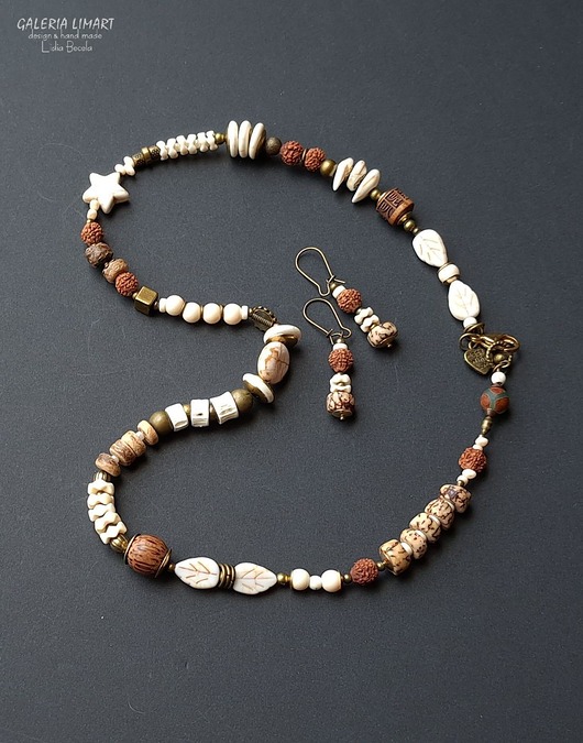 korale Naszyjnik i kolczyki w stylu ETNO w odcieniach beżu i brązu UNIKAT handmade