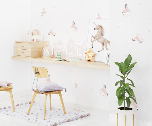 naklejki ścienne do pokoju dziecka Tapeta dziecięca Jednorożce i Kropki ( Unicorn Dots )