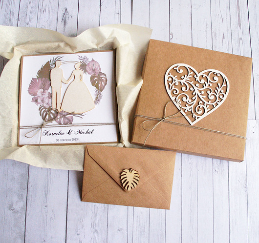 zaproszenia i kartki na ślub Kartka w pudełku : personalizacja : monstera boho