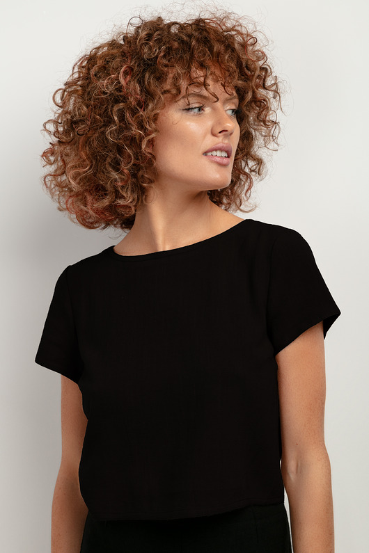 topy damskie Top z lnem z krótkim rękawem T401, black