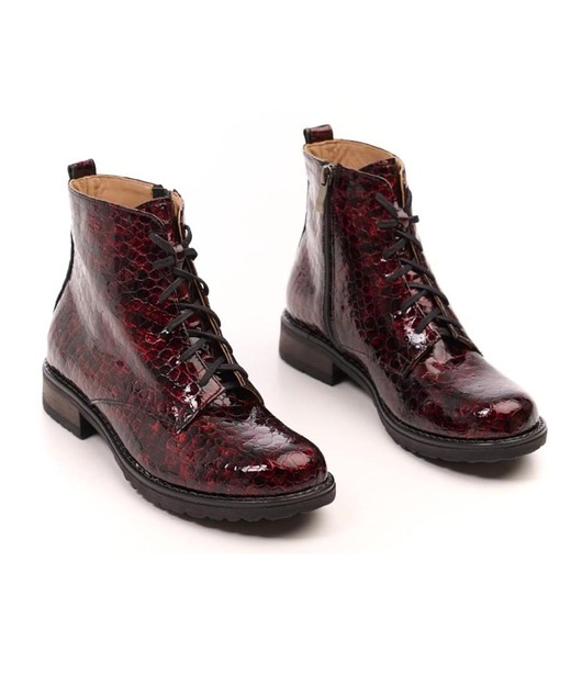 botki damskie Botki skórzane - suwak + sznurówki - kolor bordowy   (6386)