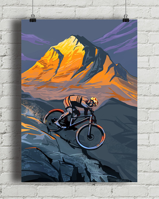 plakaty Kolarstwo górskie - zachód słońca - plakat z rowerem