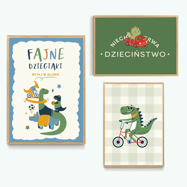 obrazy i plakaty do pokoju dziecięcego Fajne dzieciaki - dinozaury - zestaw plakatów kolorowych