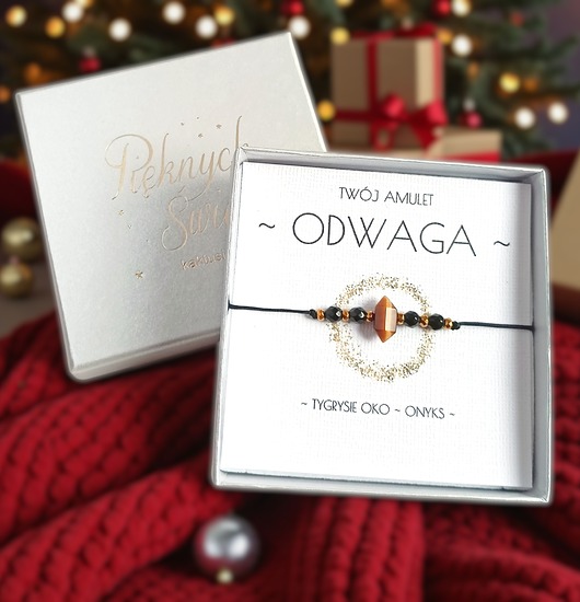 bransoletki z kamieni naturalnych Amulet - ODWAGA - świąteczne pudełko - TYGRYSIE OKO, ONYKS