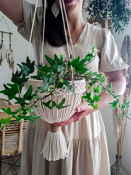 Kwietnik makrama  Boho ecru Zaplątana W Sznurki