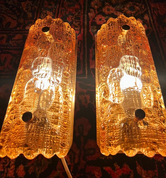 kinkiety Para oryginalnych kinkietów bursztyn Carl Fagerlund, Szwecja, lata 60 28x12