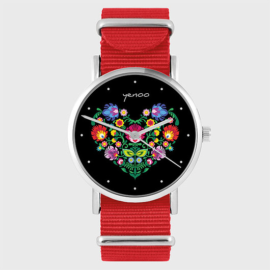 zegarki damskie Zegarek - Serce folk, czarny - czerwony, nato