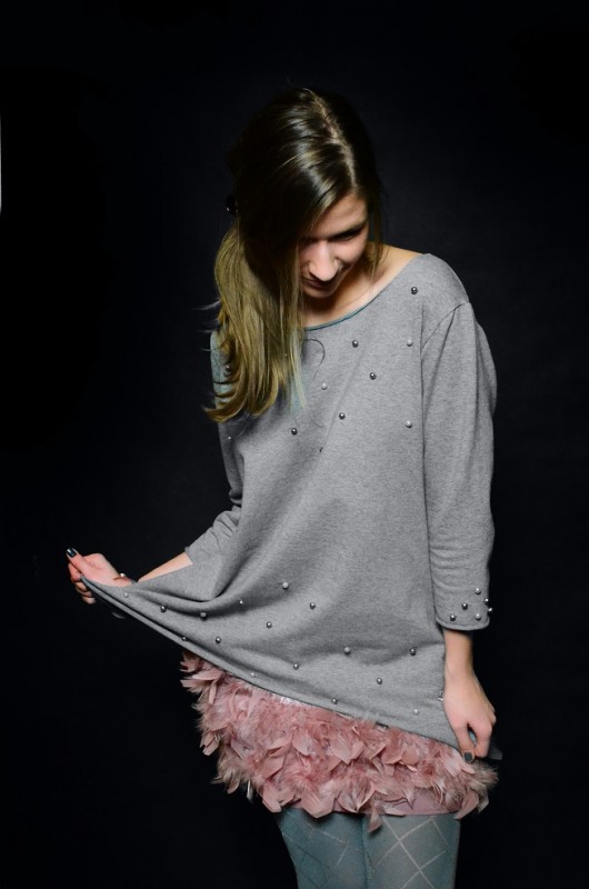BLUZA SZARA PERŁY - handmade - oversize Pudrowy Różowy
