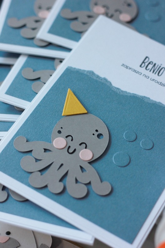 kartki scrapbooking Na morza dnie. Ośmiornica - morskie zaproszenia urodzinowe z ośmiornicą