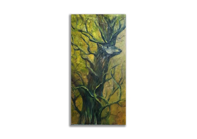 obrazy Obraz olejny ręcznie malowany 36x68 "Drzewo" jeleń + rama drewniana