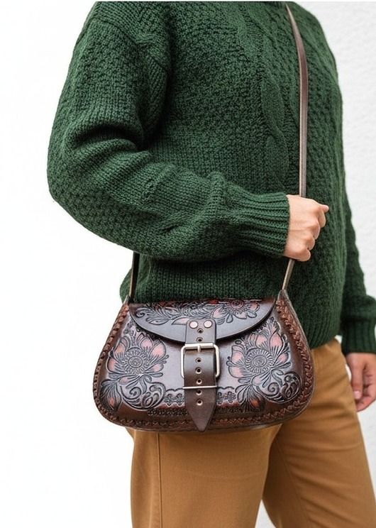 torby na ramię Torebka skórzana Folklora ciemnobrązowa kwiaty ręcznie robiona