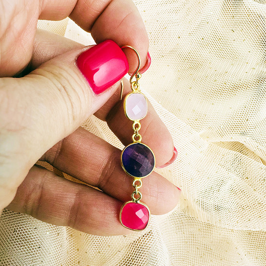 kolczyki z kamieniami CRYSTAL PINK - kolczyki kamienie szlachetne srebro pozłacane