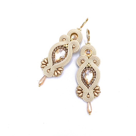 kolczyki soutache Orina kolczyki sutasz kremowe długie wieczorowe z kryształami