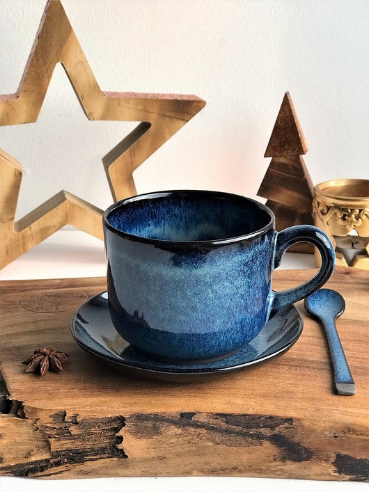 filiżanki Duża granatowa filiżanka ze spodkiem 350 ml - Nocne Niebo