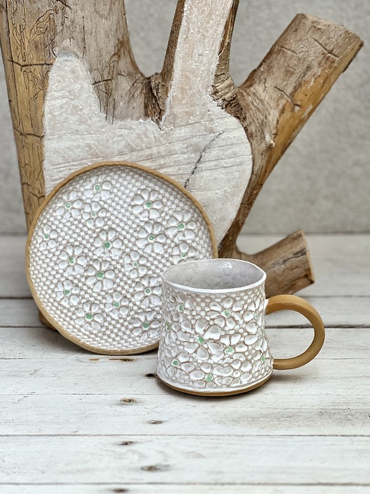 kubki Ceramiczny zestaw śniadaniowy w kwiaty