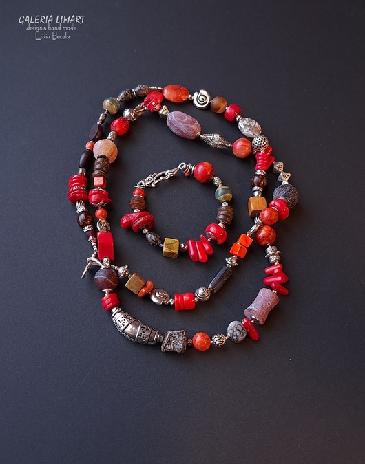 korale Niezwykły naszyjnik boho z koralem i mixem minerałów prezent  lux UNIKAT