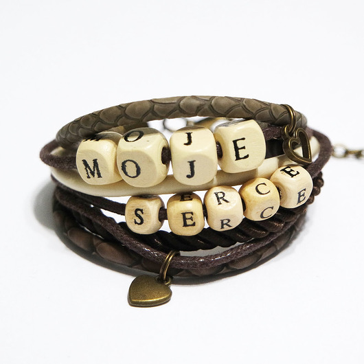 bransoletki drewniane Bransoletka - Moje serce - rzemienie, drewniane koraliki