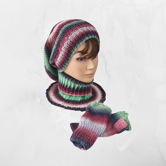 czapki damskie Komplet zimowy handmade: czapka, komin i mitenki w pasy