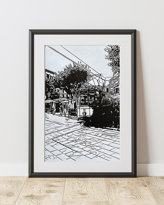 grafiki i ilustracje Linoryt "Tramwaj z Soller"