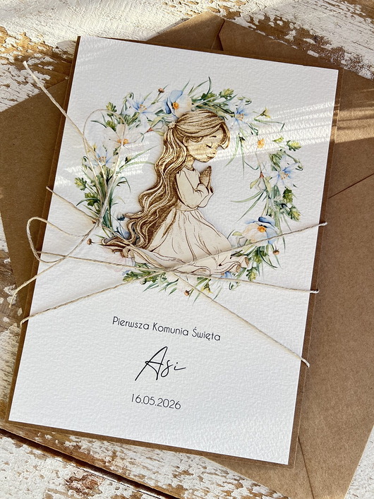 kartki na komunię Kartka komunijna ręcznie robiona z imieniem od matki chrzestnej A5 duża