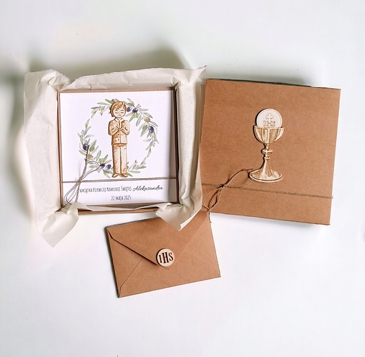 kartki na komunię Kartka, personalizacja, pudełko, koperta : oliwki : chłopiec 2.