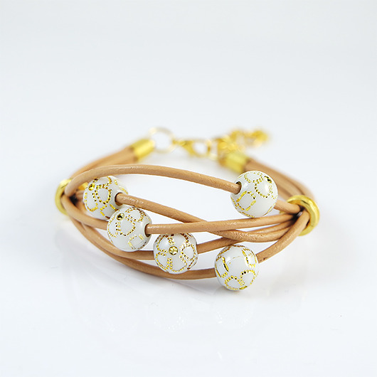 bransoletki skórzane Bransoletka - Beżowa - rzemienie, złota