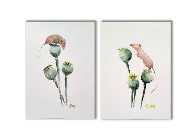 grafiki i ilustracje Akwarela ręcznie malowana "Myszki" zestaw  szt