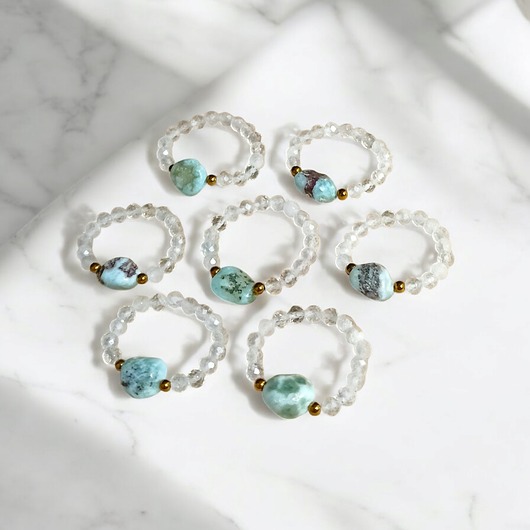 pierścionki elastyczne Pierścionek PREMIUM : larimar, kryształ górski
