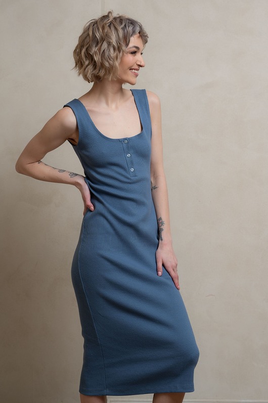 sukienki midi damskie Bawełniana prążkowana sukienka, CELINA DENIM BLUE