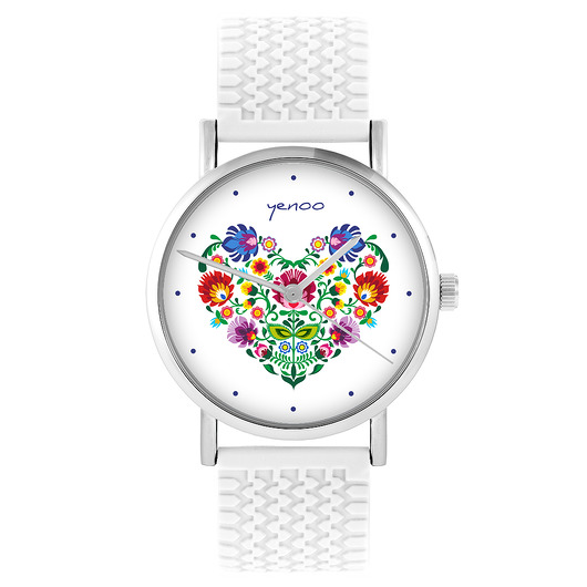 zegarki damskie Zegarek - Folkowe serce - silikonowy, biały