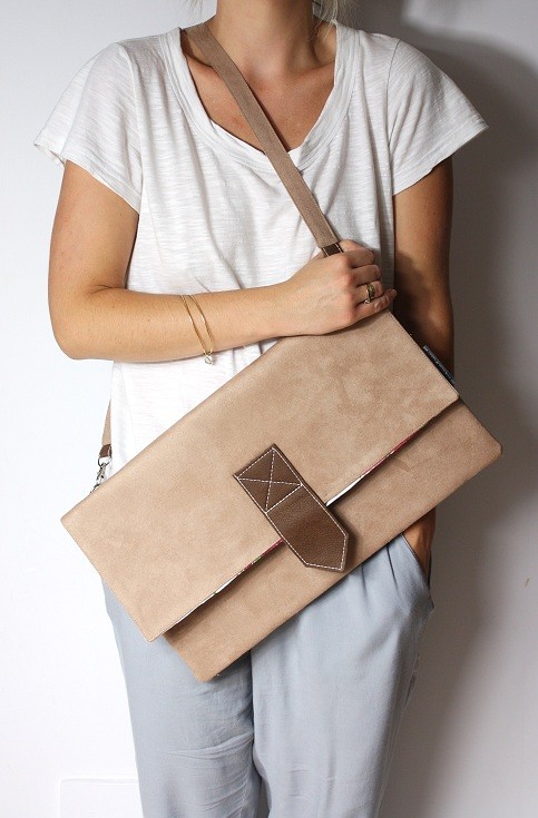 Kopertówka XL beige + floral lining + leather Zuzia Górska