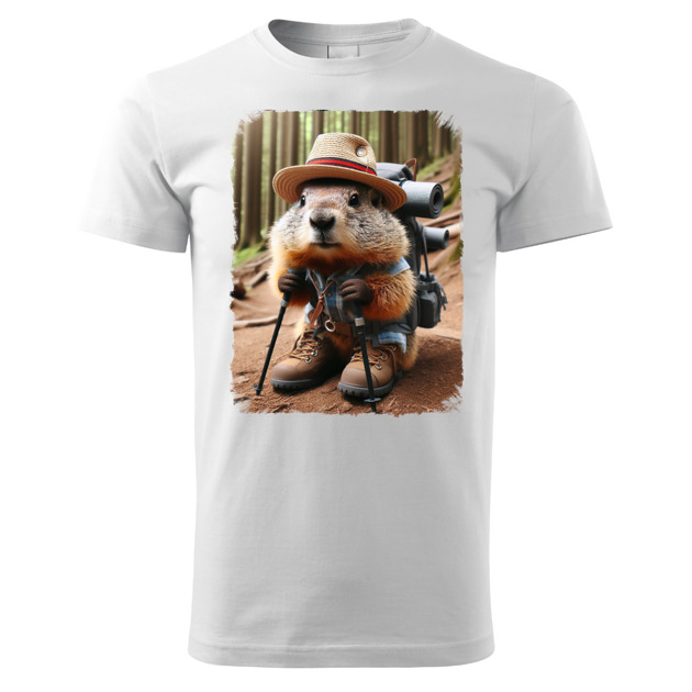 t-shirty męskie Tatra Art świstak na górskim szlaku z plecakiem  kapeluszem męska koszulka v2
