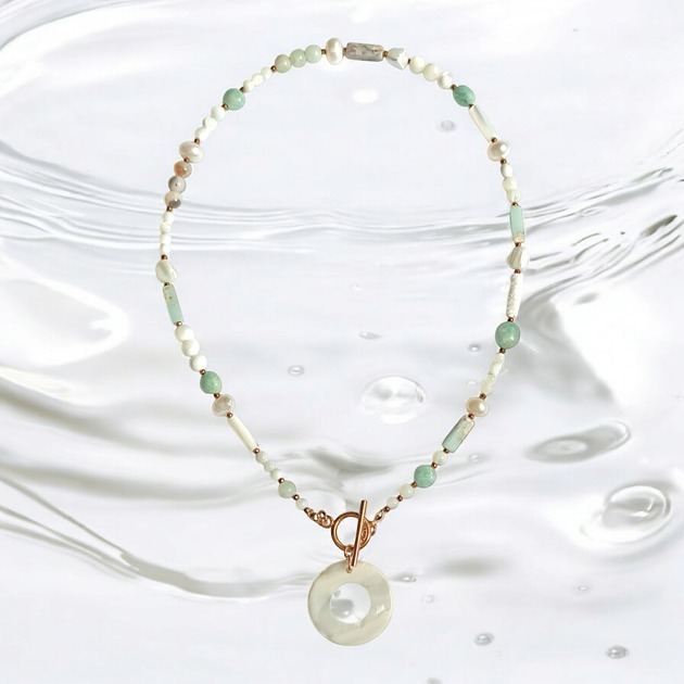 chokery Naszyjnik wakacyjny : perły , muszla, amazonit, jaspis cesarski :: light