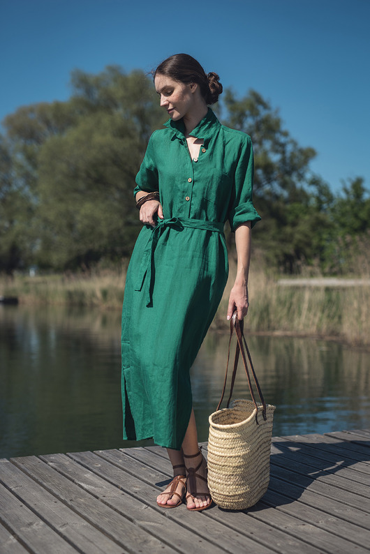 sukienki maxi damskie Lniana sukienka koszulowa  szmaragdowa