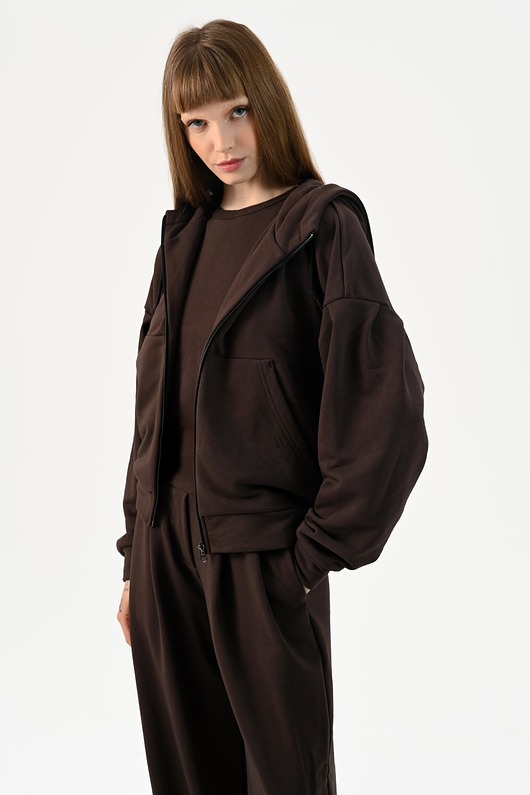 bluza z kapturem damska Brązowa bluza oversize krótka