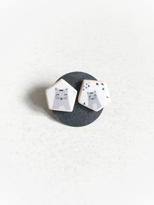 Kolczyki ceramiczne w szare kotki biżuteria z talerzy