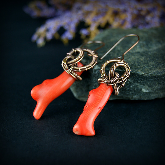 kolczyki wire wrapping Kolczyki wire wrapping z koralem