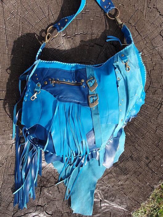 torby na ramię Duża skórzana niebieska  torebka boho