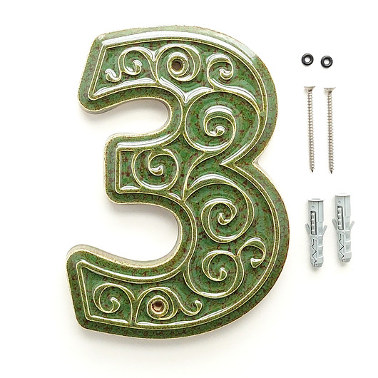 napisy dekoracyjne i tabliczki Numer domu, cyfra 3, zielono-brązowa, do przykręcenia