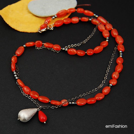 Karneol, Hematyt i Koral w srebrze - naszyjnik MAREMI Jewelry