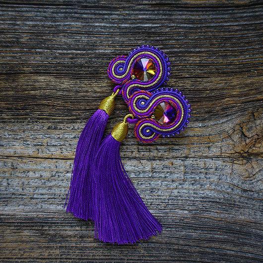 kolczyki soutache Fiolet i złoto- kolczyki sutasz z chwostami
