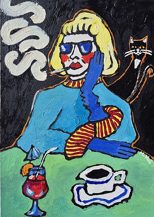 obrazy Obraz do salonu portret babci przy zielonym stole