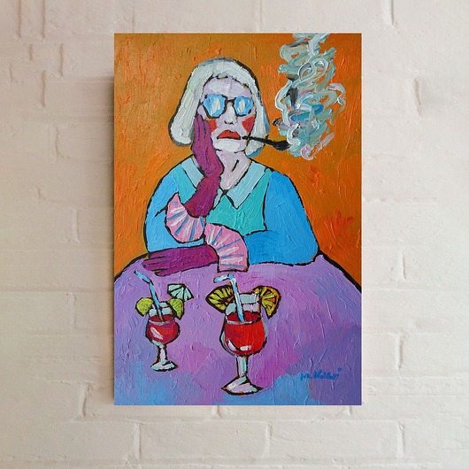 obrazy Obraz olejny do salonu diva babcia z drinkiem
