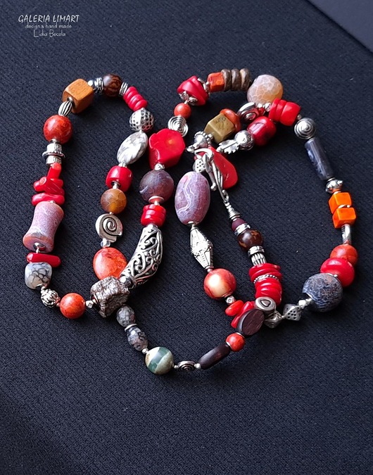 korale Niezwykły naszyjnik boho z koralem i mixem minerałów prezent  lux UNIKAT