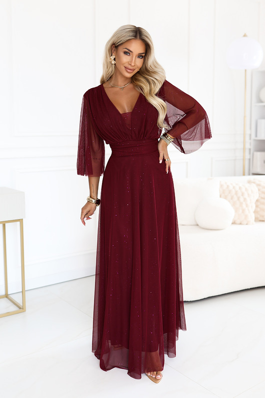 sukienki maxi damskie 654-6 Długa połyskująca sukienka plus size z dekoltem - bordowa