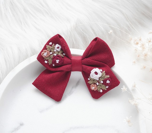 spinki i klamry do włosów HAFTOWANA Spinka / opaska do włosów świąteczna kokarda BORDOWA